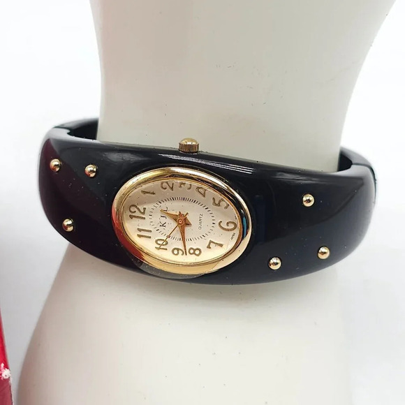 KJL By Kenneth Jay Lane Black Bangle Bracelet Watch Gold Accents Japanese Move't - Picture 2 of 6